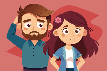 A couple stands apart, expressing tension and concern, as they navigate their relationship difficulties in a warm, inviting indoor space