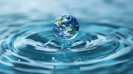 A miniature Earth globe floats on the surface of a pool of water, creating concentric ripples around it.