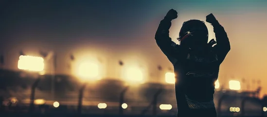 Gordijnen Silhouette of race car driver celebrating the win. © Fana Art