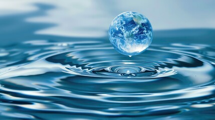 A blue planet-shaped water drop falls into a still pool of water, creating ripples.