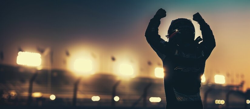 Silhouette of race car driver celebrating the win.