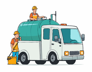 Cartoon funny looking cistern truck street cleaner with worker on white background 