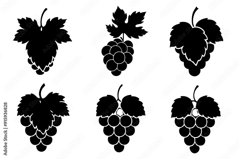 Wall mural collection of grapes vector illustration, silhouette, logo icon and line art bundle files