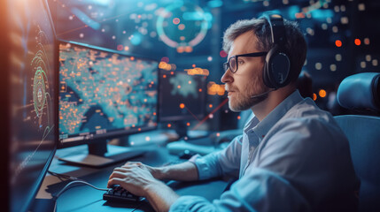 Air traffic controller sitting in airport communication center navigating planes in the sky air.