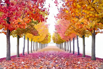 A row of trees with leaves of different colors, including red, orange