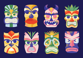 Naklejka premium Set of tiki masks. Cartoon ceremonial tiki totem masks, Wooden Totems, Ornamental Hawaiian Mask, Fantasy African Mask Sculpture. Vector illustrations Ethnic tribal ritual masks isolated on background
