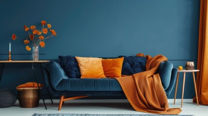 Navy sofa with orange pillow and blanket in vibrant living room with table. Real photo