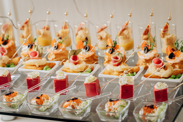 Assortment of delicious snacks on the open buffet festive table in restaurant. Catering plate