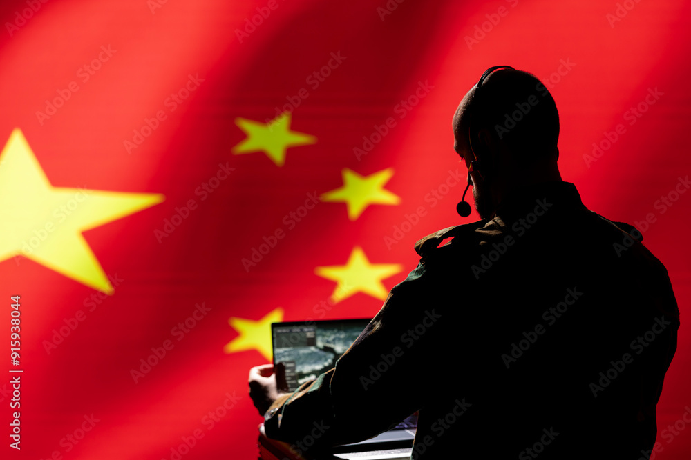 Poster chinese soldier in command control room using military tech to identify threats from enemies. army p
