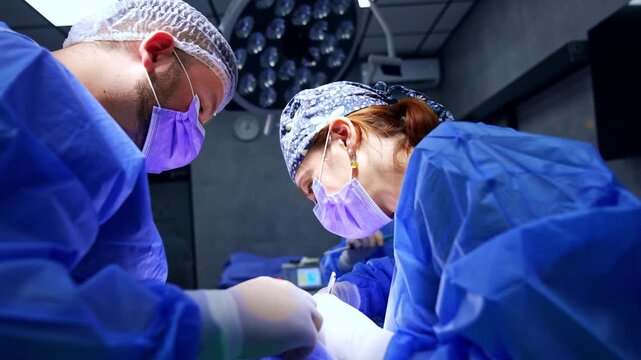 Uniformed surgeons in caps and masks carry out the procedure on thyroid. Nurse at backdrop arranges tools for the doctors.