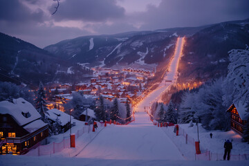 Dramatic Winter Landscape Showcases Ski Jumping Competition at Twilight in Majestic Snowy Mountains