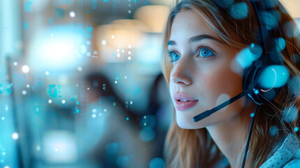 Close-up of a woman wearing a headset, with digital light effects surrounding her in a futuristic setting, symbolizing technology and communication.