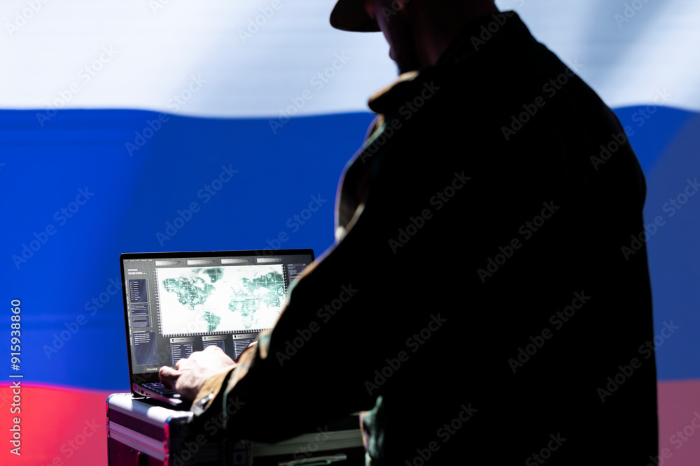 Poster russian ex kgb fsb service using radar on laptop to detect missiles attacking borders. moscow regime