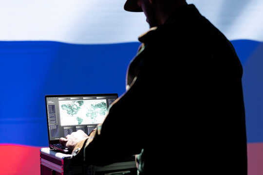 Russian ex KGB FSB service using radar on laptop to detect missiles attacking borders. Moscow regime army using notebook device to scan approaching rockets, deploying shields