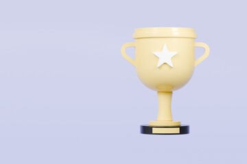 3d Trophy cup winner success champion icon symbol on isolated purple background. Achievement award, champion 1st winner award concept. Minimal Gold Trophy victory cup award. 3d render.