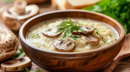 The national cuisine of Canada. Mashed millet soup with mushrooms.