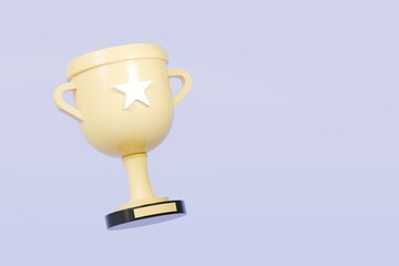 3d Trophy cup winner success champion icon symbol on isolated purple background. Achievement award, champion 1st winner award concept. Minimal Gold Trophy victory cup award. 3d render.