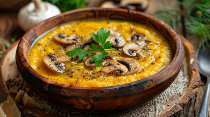 The national cuisine of Canada. Mashed millet soup with mushrooms.