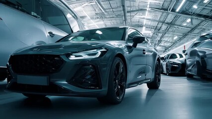 A sleek, silver car  in a modern car showroom