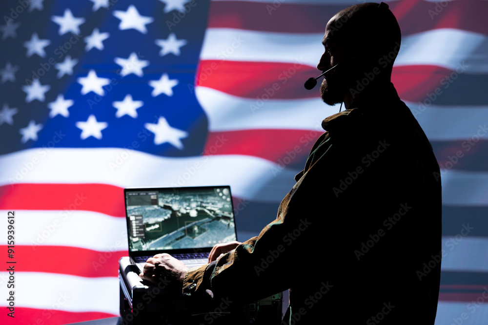 Poster american army dispatcher using headphones microphone, offering strategy insights to commanders fight