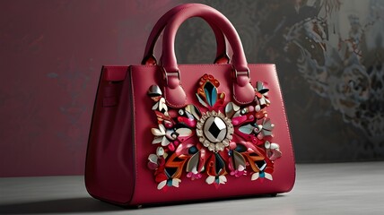 red hand bag with traditional emborder and glass work