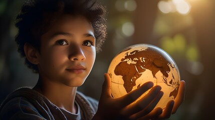Fototapeta premium showing globe in the hands of a young man