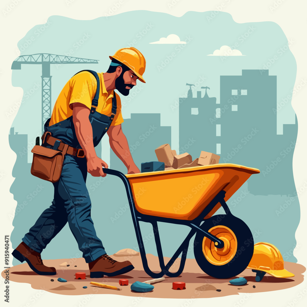 Wall mural construction worker works at a construction site. worker pushing wheelbarrow. construction tools and