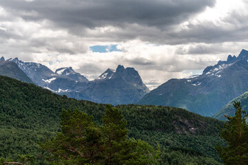 drone aerial view over Massvassbu are close to Isfjorden/Andalsnes in the fjord of Norway. Hikingtrail on a summer cold day