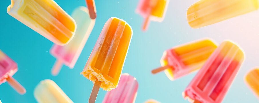 Brightly colored ice pops float against a sunny background, evoking a refreshing summer vibe and a sense of fun.