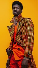 Obraz premium A model showcases a bold orange outfit with a houndstooth coat in a striking colorful setting