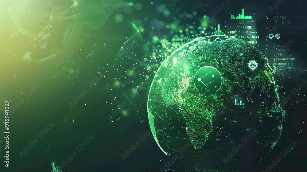 Wall mural a glowing green globe with connecting lines and dots on a dark background.