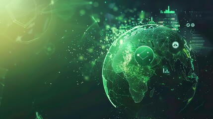 A glowing green globe with connecting lines and dots on a dark background.
