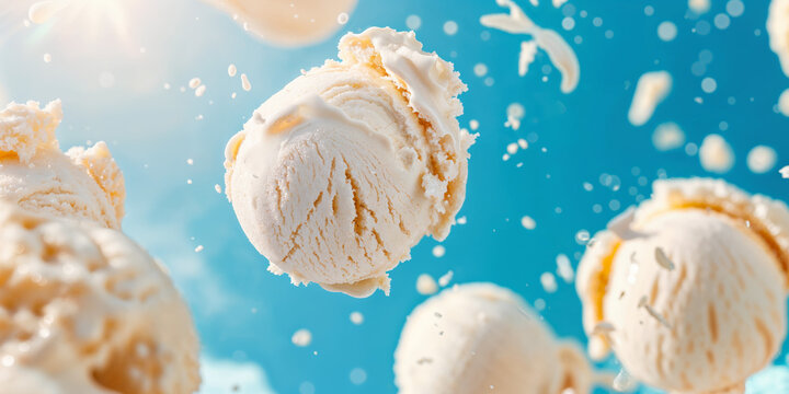 scoops of vanilla ice cream floating on a bright blue sky, delicious food of summer