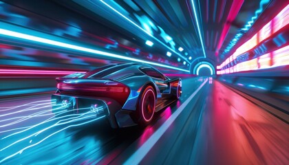 A sleek sports car races through a futuristic neon-lit tunnel at high speed