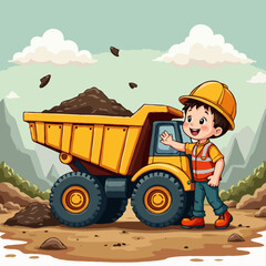 Vibrant Vector Artwork Depicting Kids' Construction Site with a Dump Truck Hauling Soil © VectorVibe