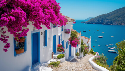 Obraz premium A charming coastal village features whitewashed houses adorned with vibrant bougainvillea, winding cobblestone streets, and stunning views of the turquoise sea filled with gently bobbing fishing boats