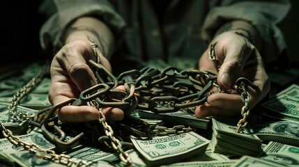 A person's hands are bound by a chain lying on top of stacks of dollar bills. This is a symbolic image of the power and greed of money.