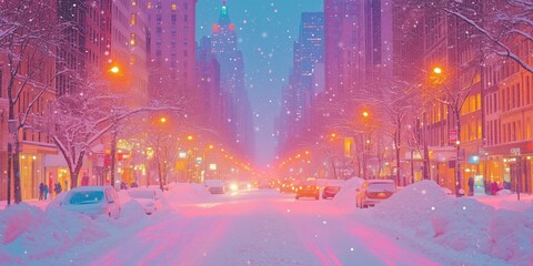 Snowy Urban Landscape at Night with Illuminated Street Lights and Snow-Covered Cars - Winter City Scene for Holiday Cards and Posters