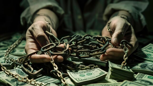 A person's hands are bound by a chain lying on top of stacks of dollar bills. This is a symbolic image of the power and greed of money.