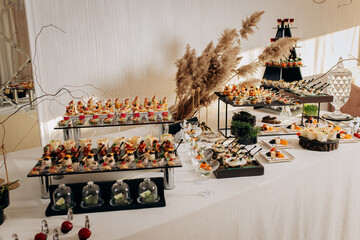 Assortment of delicious snacks on the open buffet festive table in restaurant. Catering plate