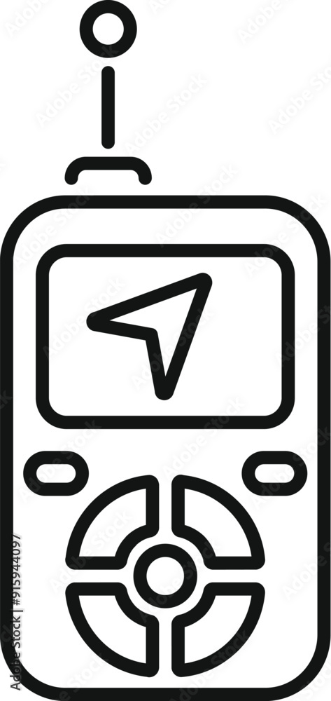 Poster line icon of a handheld gps device showing a navigation arrow on its screen