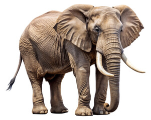 Full body of an African elephant with tusks isolated on transparent background