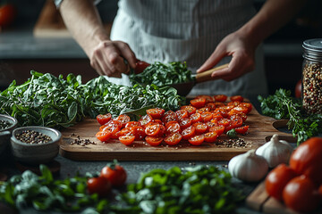A person preparing a healthy meal in a modern kitchen with fresh vegetables, captured in a vibrant and healthy atmosphere with bright natural light.