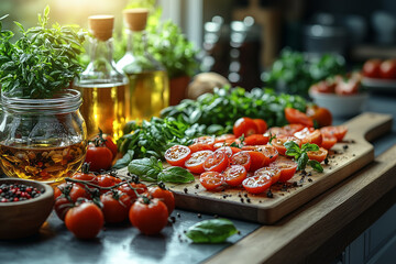 A person preparing a healthy meal in a modern kitchen with fresh vegetables, captured in a vibrant and healthy atmosphere with bright natural light.