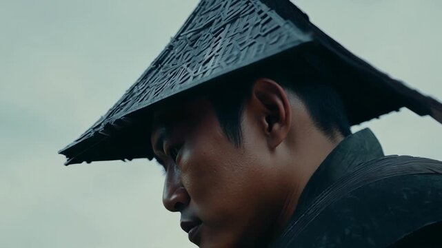 A closeup of an Ashigarus jingasa strategically p on his head for maximum protection.