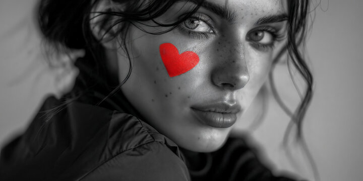 Woman in black and white with a red heart painted on her jowl, girl looking thoughtfully at the camera, portrait with romantic makeup for valentine's day or emotional moment