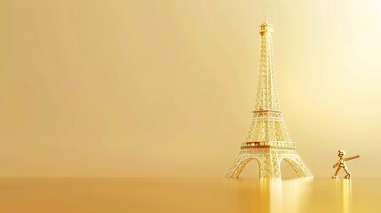 A golden Eiffel Tower stands tall on a yellow background, a golden figure walks towards it.