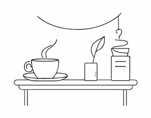 Line drawing cartoon office coffee