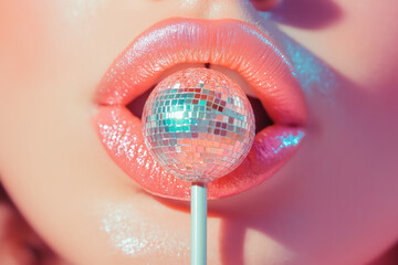 detailed view of pastel peach woman's lips with a reflective disco ball lollipop in a festive setting, creative makeup concept for comercial ad