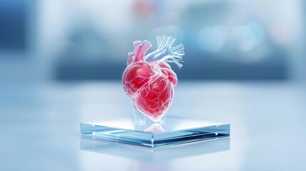 A transparent anatomical heart model on a glass platform.